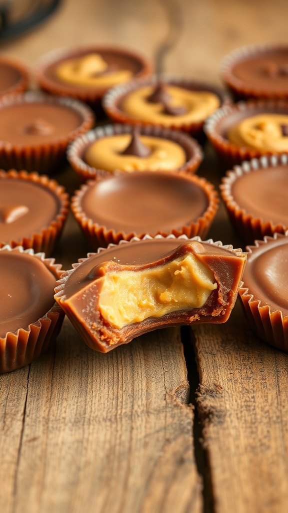 Homemade peanut butter cups arranged on a wooden surface, with one cup showing a bite taken out to reveal the creamy filling.