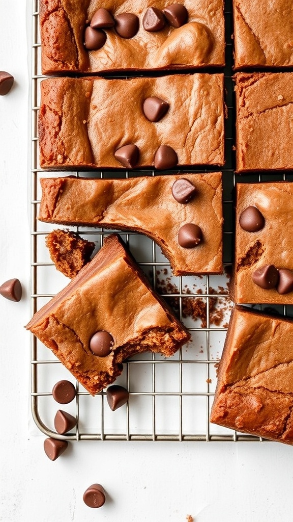 Peanut butter brownies on a cooling rack with chocolate chips on top.