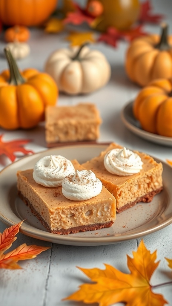 Pumpkin cheesecake bars topped with whipped cream, surrounded by autumn leaves and mini pumpkins.
