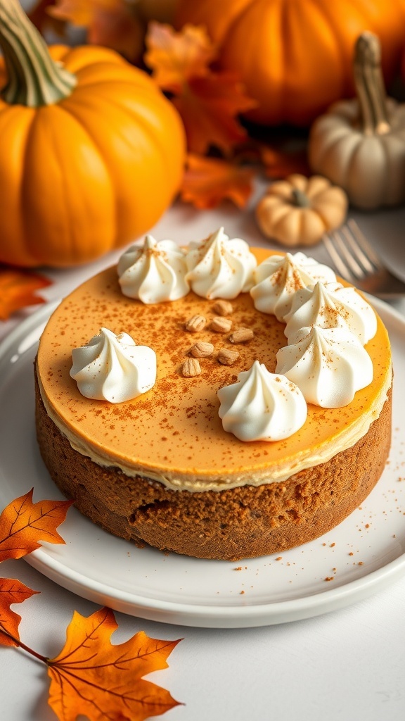A beautifully decorated pumpkin cheesecake surrounded by autumn leaves and pumpkins.