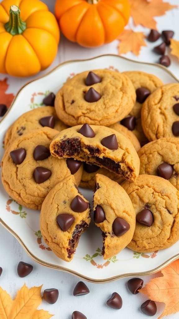 Pumpkin chocolate chip cookies on a decorative plate with pumpkins and autumn leaves in the background