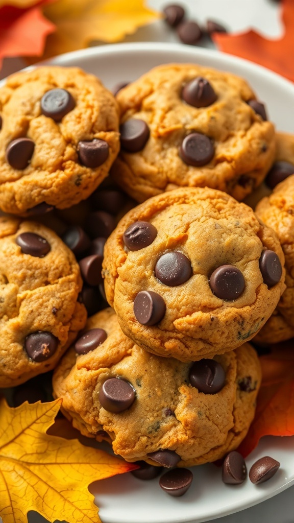 Plate of pumpkin chocolate chip cookies with chocolate chips and autumn leaves