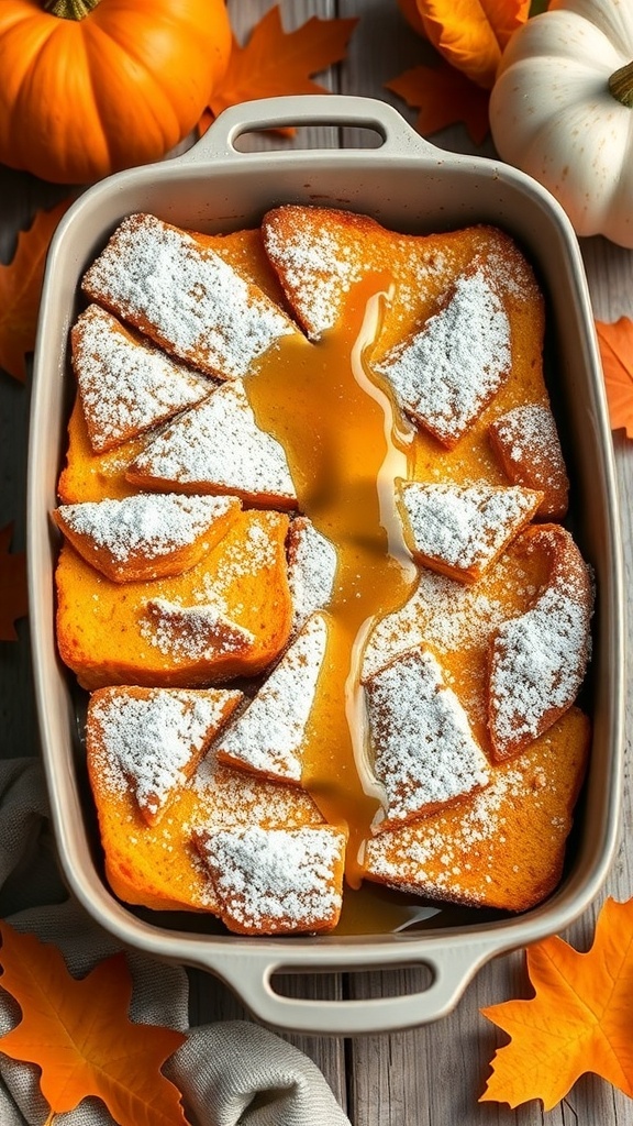 Pumpkin French Toast Casserole with powdered sugar and maple syrup
