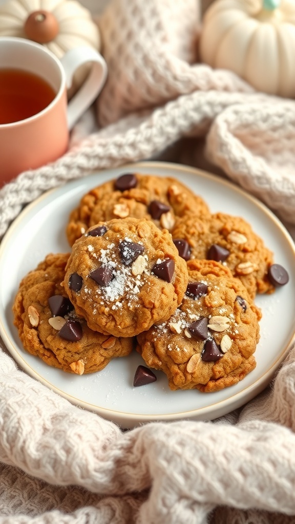 Plate of pumpkin oatmeal cookies with chocolate chips, surrounded by cozy decor