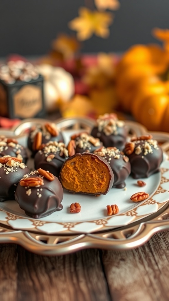 A plate of pumpkin truffles topped with pecans, showcasing a rich chocolate coating and a creamy pumpkin filling.