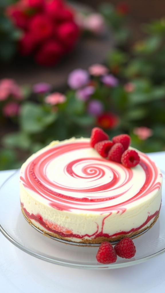 A no-bake raspberry swirl cheesecake decorated with fresh raspberries, set against a backdrop of colorful flowers.