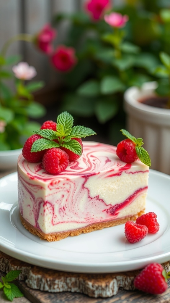 A slice of raspberry swirl vegan cheesecake topped with fresh raspberries and mint leaves, served on a white plate.