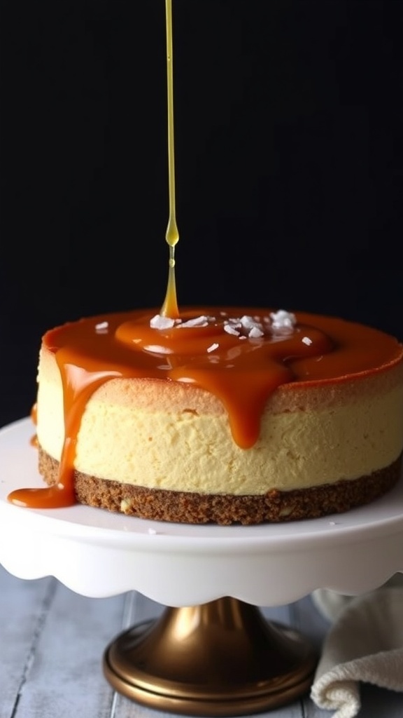 A beautifully presented salted caramel vegan cheesecake on a golden stand, topped with caramel sauce and sea salt.