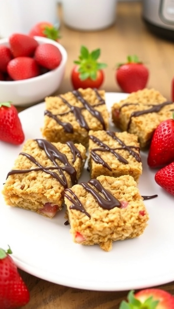 Strawberry oatmeal bars drizzled with chocolate on a white plate, surrounded by fresh strawberries.