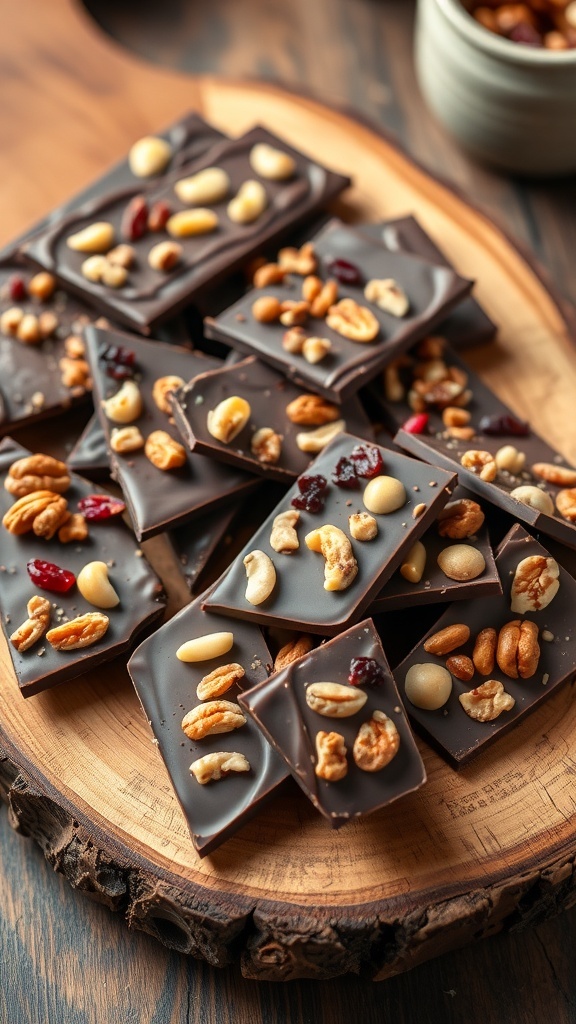 A beautiful display of sugar-free chocolate bark topped with nuts and dried fruits on a wooden platter.