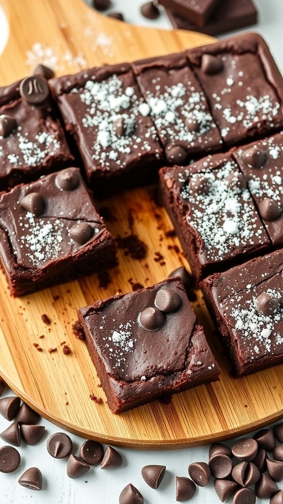 Delicious sugar-free chocolate brownies on a wooden board, topped with chocolate chips and a sprinkle of sea salt.