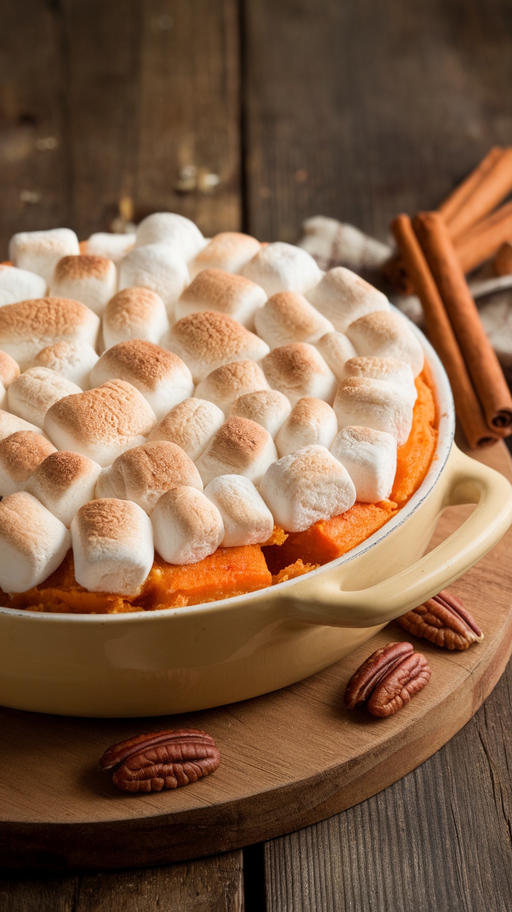 Sweet potato casserole topped with toasted marshmallows