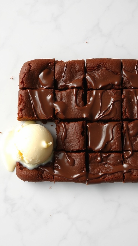 Delicious one-bowl brownies with chocolate drizzle and a scoop of vanilla ice cream