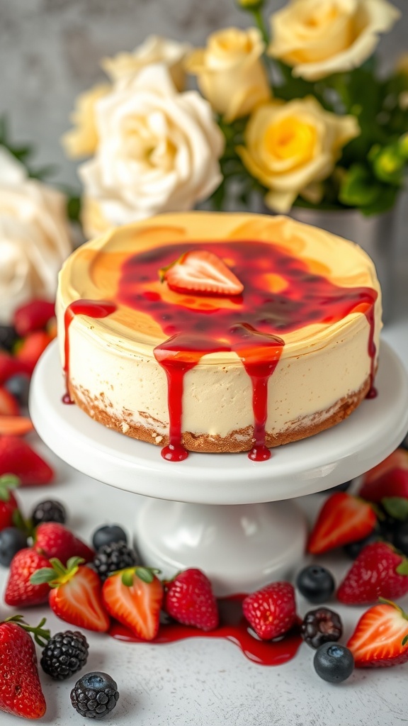 A beautiful vegan cheesecake with a nut crust, topped with berry sauce and fresh strawberries, surrounded by mixed berries and flowers.
