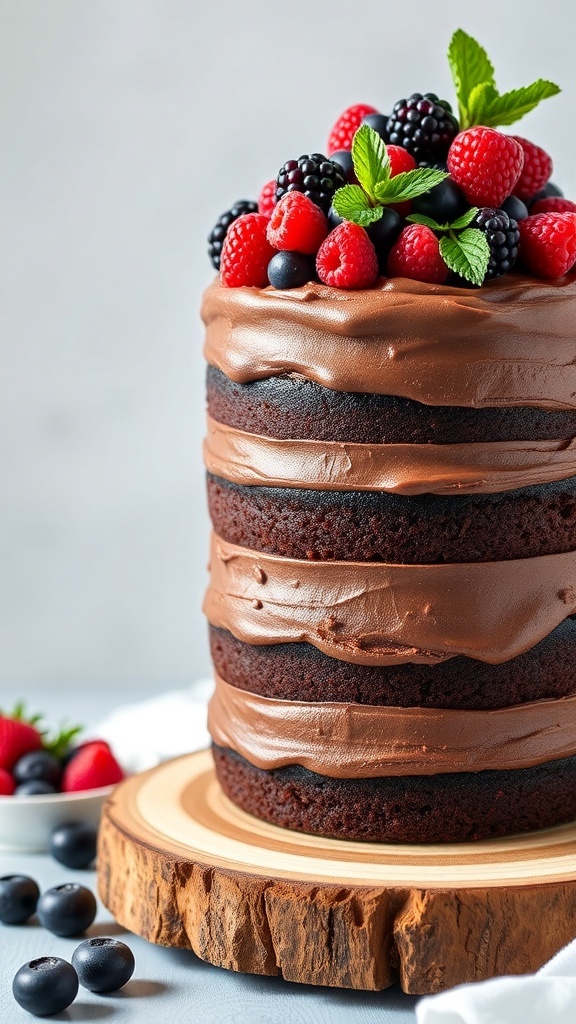 A tall vegan chocolate cake layered with chocolate frosting and topped with fresh berries on a wooden plate.