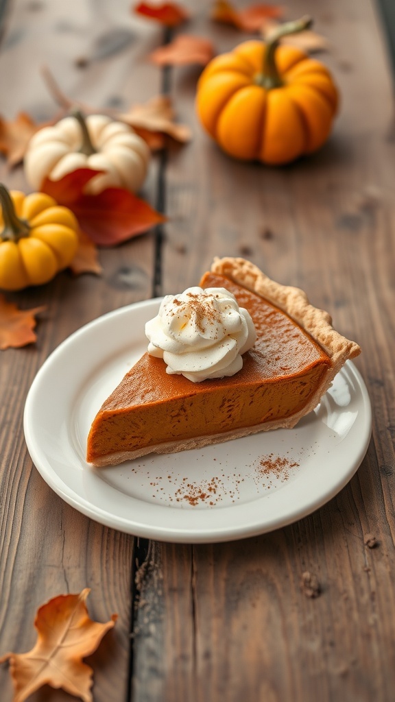 A slice of vegan pumpkin pie topped with whipped cream, surrounded by small pumpkins and autumn leaves.