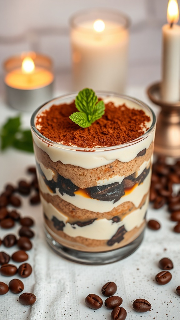 A glass of vegan tiramisu topped with cocoa powder and mint, surrounded by coffee beans and candles.
