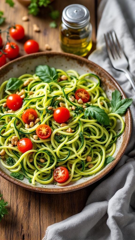 A plate of zucchini noodles topped with pesto, cherry tomatoes, and pine nuts, garnished with fresh basil.
