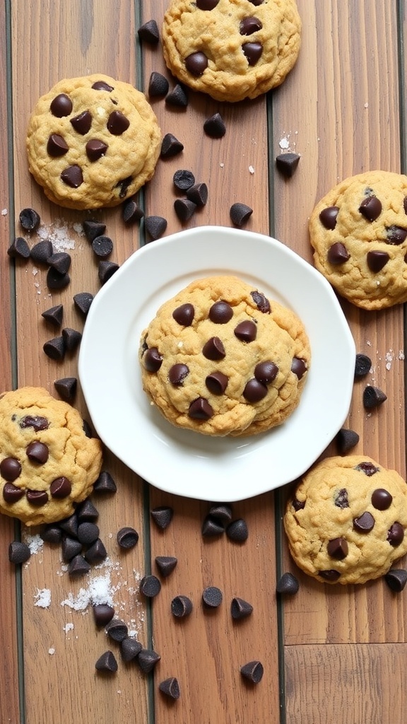 A plate of clean eating chocolate chip cookies surrounded by chocolate chips on a wooden surface.