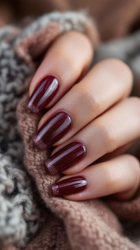 Nails painted deep burgundy with glitter tips, resting on a cozy knitted fabric.