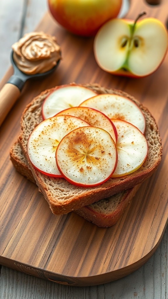 A slice of whole grain toast topped with almond butter and thinly sliced apples, sprinkled with cinnamon.