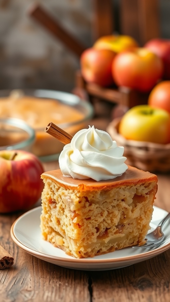 A slice of apple pudding cake topped with whipped cream and a cinnamon stick, with fresh apples in the background.