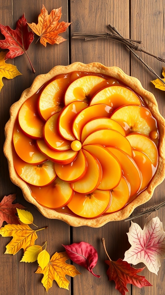A caramel apple tart with sliced apples and caramel glaze, surrounded by autumn leaves.