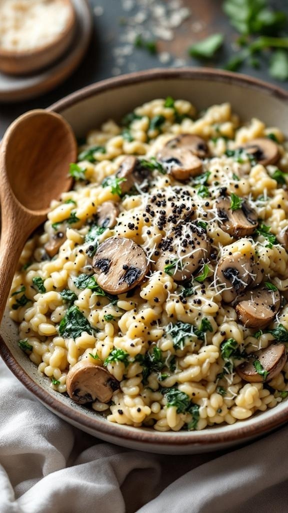 A bowl of creamy mushroom and spinach risotto topped with sautéed mushrooms and black pepper.