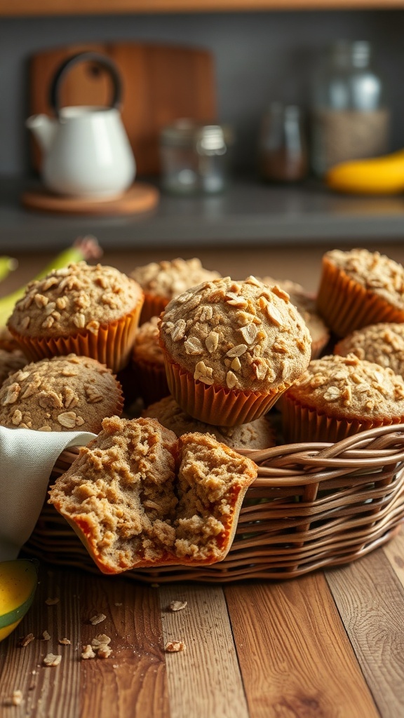 A basket of oatmeal banana muffins with a few muffins broken open to show the soft texture inside.