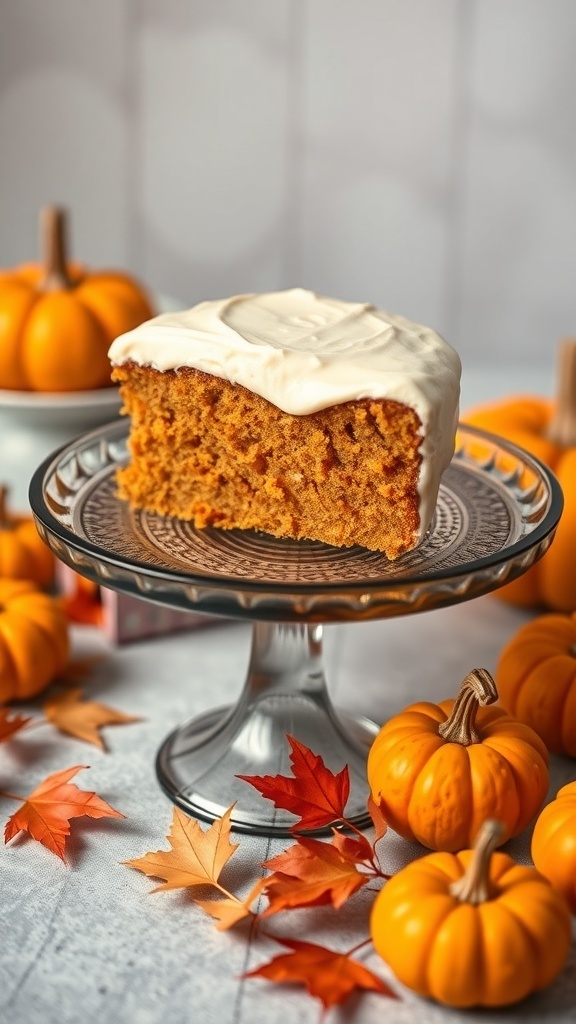 A slice of pumpkin spice cake on a decorative cake stand, surrounded by small pumpkins and autumn leaves.