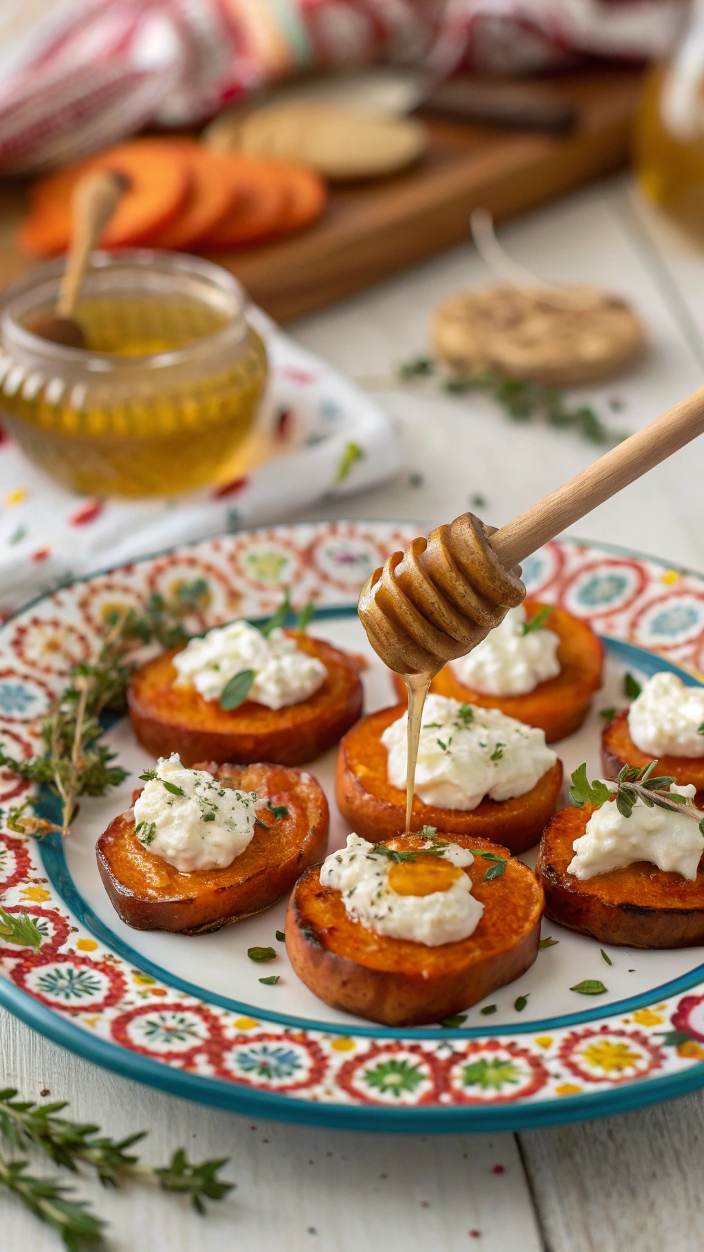 Sweet potato bites topped with ricotta cheese and honey, garnished with fresh herbs on a decorative plate.