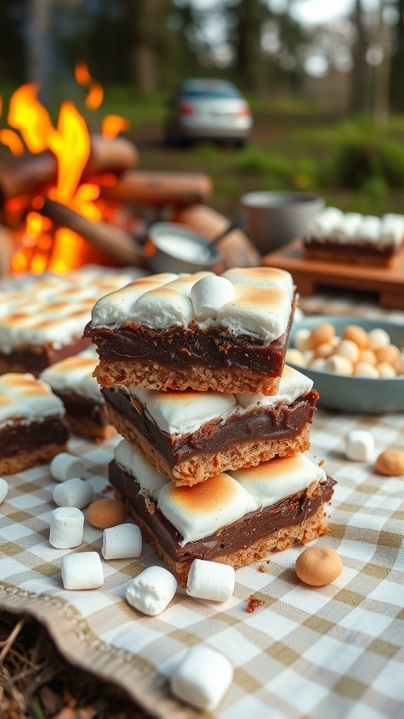 Vegan s'mores bars stacked on a picnic blanket with a campfire in the background
