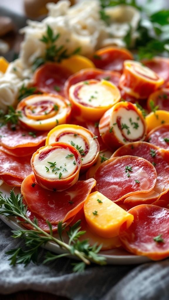 A plate of deli meat roll-ups with cheese and herbs, ready to eat.
