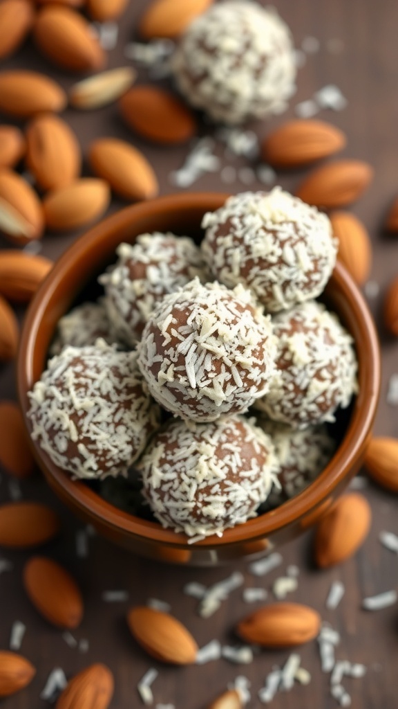 A bowl of Almond Joy Energy Bites surrounded by almonds and shredded coconut.