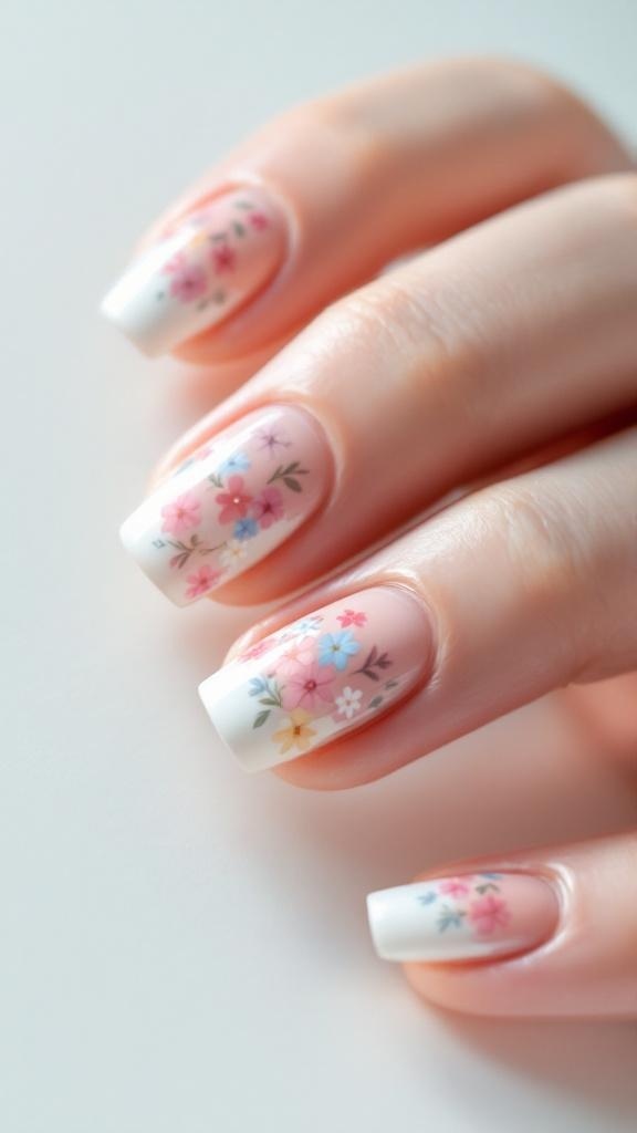 Close-up of nails with delicate floral patterns in pastel colors.