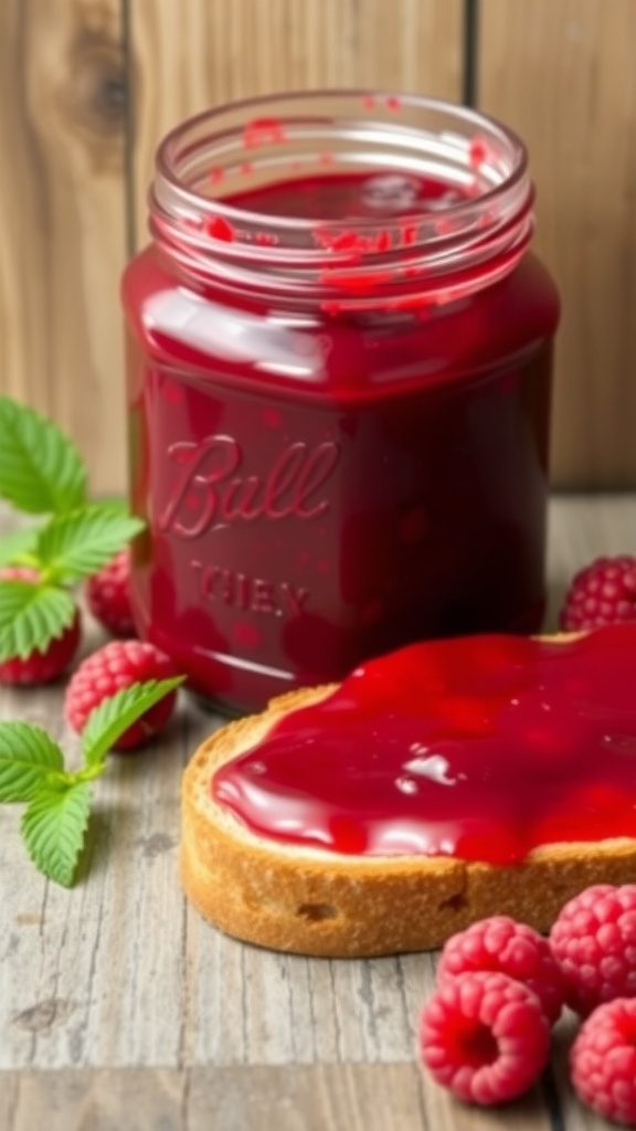 A jar of raspberry chia jam next to fresh raspberries on a wooden table.