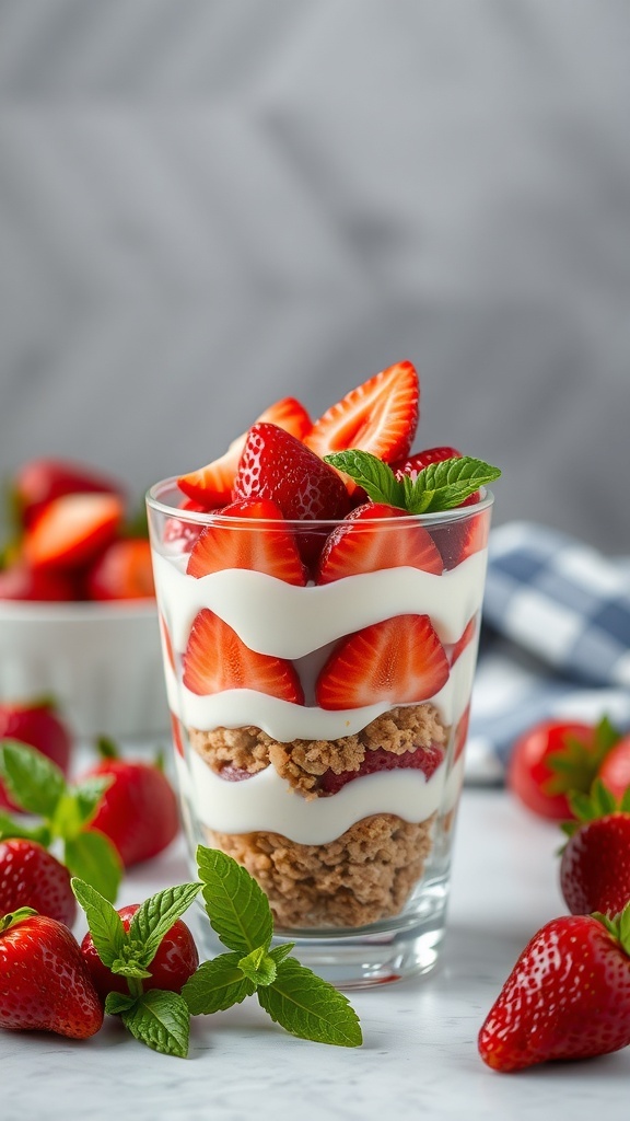 A glass of strawberry shortcake parfait layered with strawberries, cream, and cookie crumbs, garnished with mint leaves.