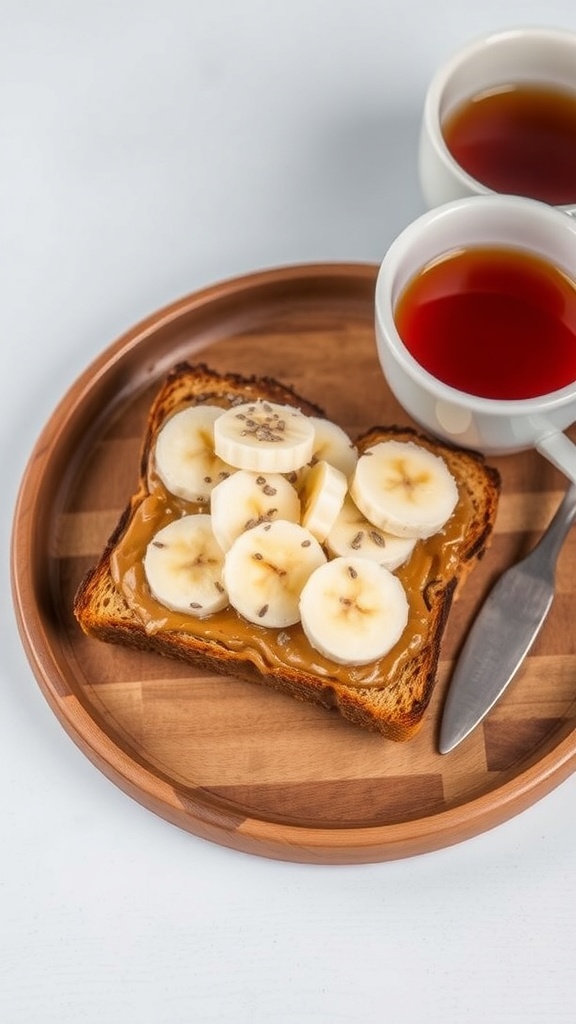 Almond butter and banana toast on a wooden plate with tea cups