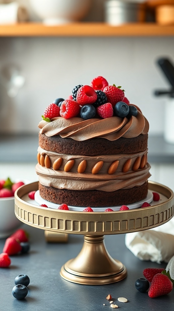 A beautifully layered almond flour chocolate cake topped with fresh berries and chocolate frosting on a gold cake stand.