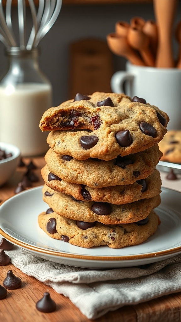 A stack of almond flour chocolate chip cookies on a plate, with chocolate chips scattered around.