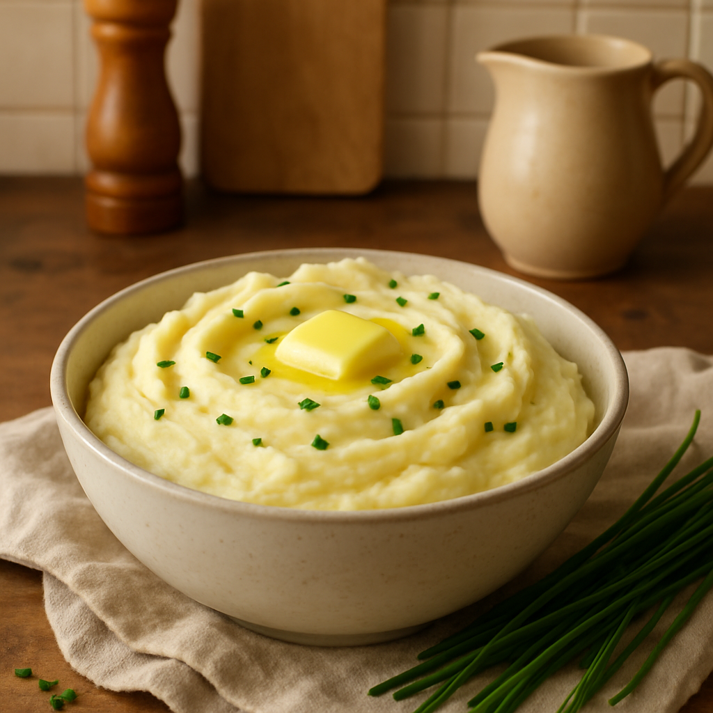 A bowl of creamy mashed potatoes topped with a pat of butter and chopped chives.