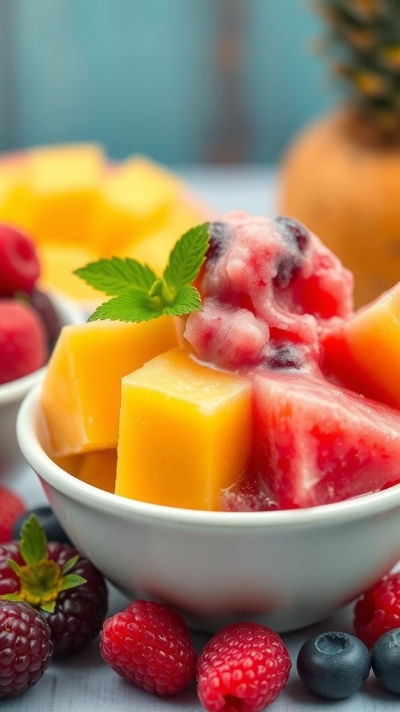 A bowl of colorful fruit sorbet with chunks of mango and berries, garnished with mint leaves.
