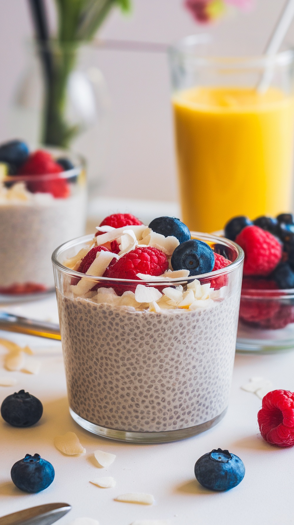 Chia seed pudding topped with berries and coconut flakes