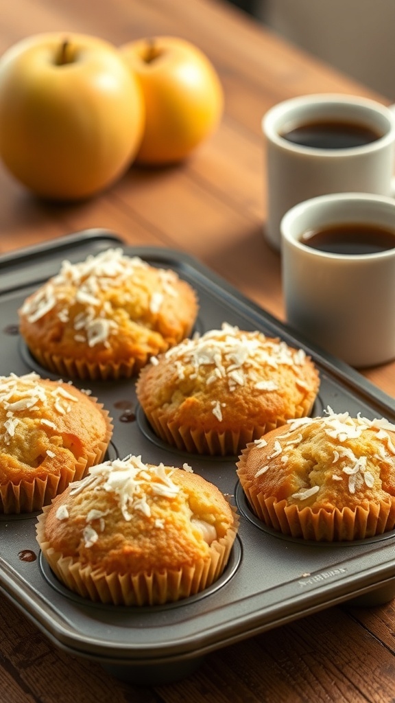 Freshly baked apple coconut muffins in a muffin tin with coffee cups and apples in the background.