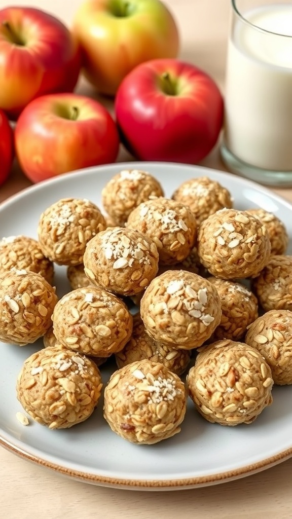 A plate of apple flaxseed energy bites with fresh apples and a glass of milk