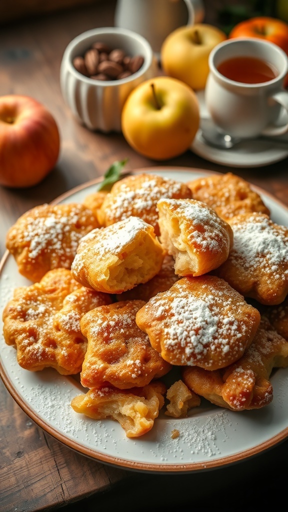 A plate of golden apple fritters dusted with powdered sugar, surrounded by fresh apples and a cup of tea.
