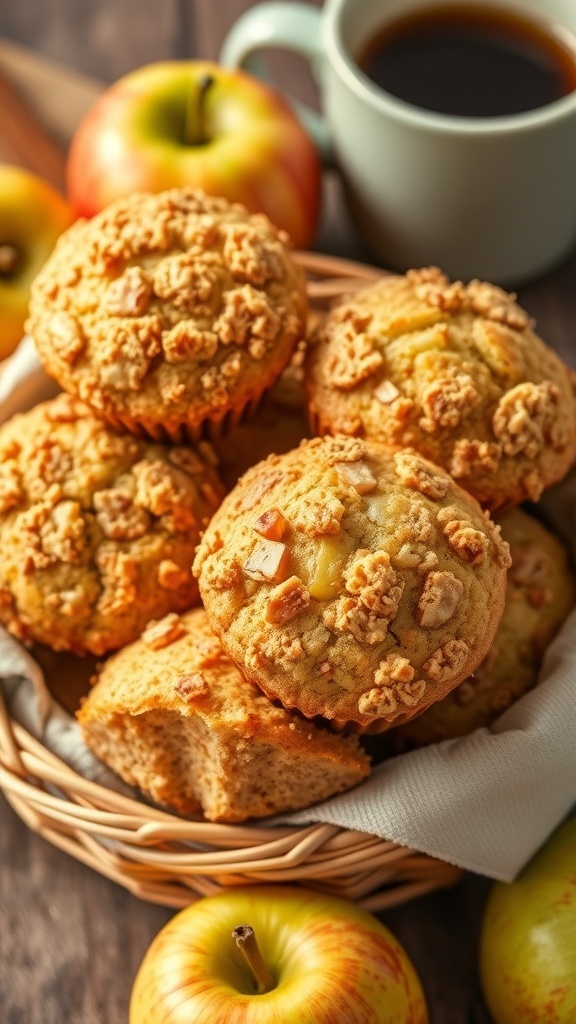 A basket of freshly baked apple muffins with a cup of coffee and apples in the background.