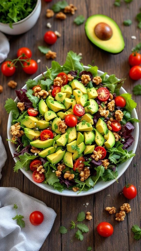 A vibrant avocado and walnut salad with cherry tomatoes and fresh greens, garnished with lime.