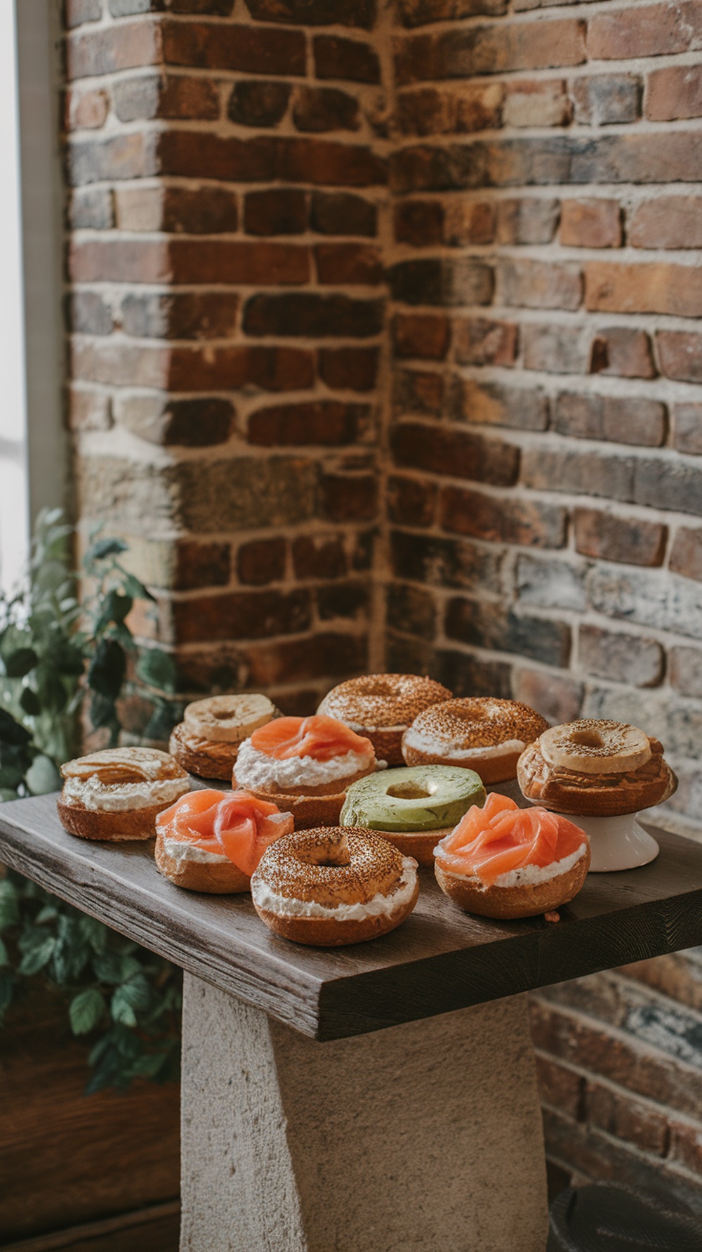 A variety of bagels with different toppings displayed on a wooden table.