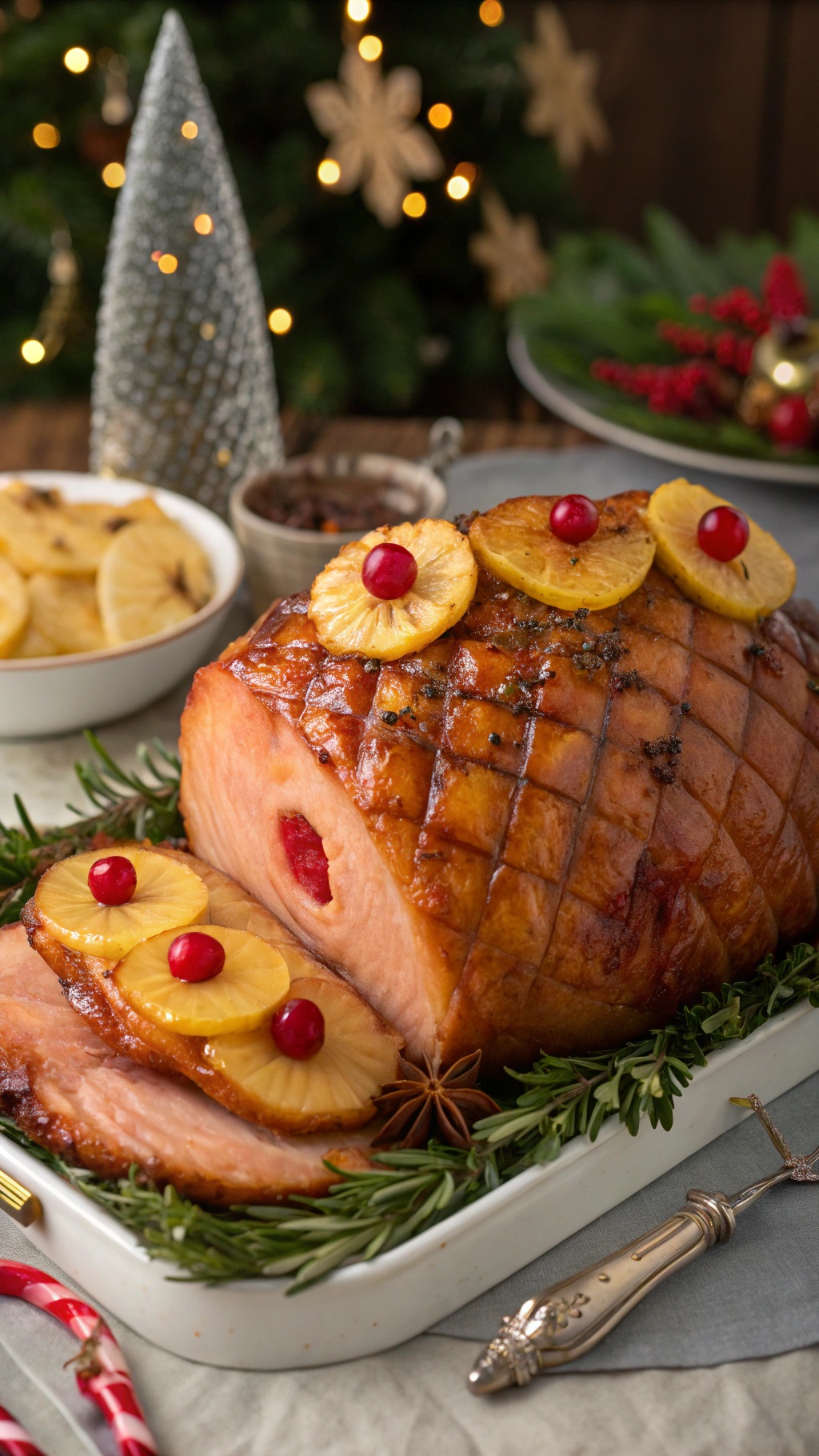 A beautifully glazed baked ham with pineapple and cherries, set on a festive table.